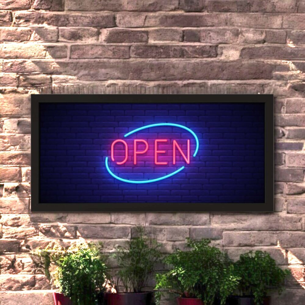 Wall Art Framed Print Open Neon Sign